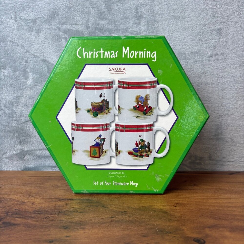 4 Sakura Christmas  Morning Stoneware Mugs in Box Drum Pony‎ Jack in the Box